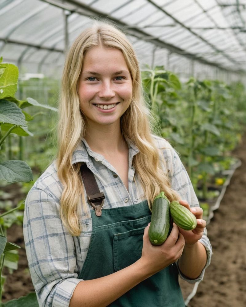 Valentina Ferfoglia con un cetriolo appena raccolto